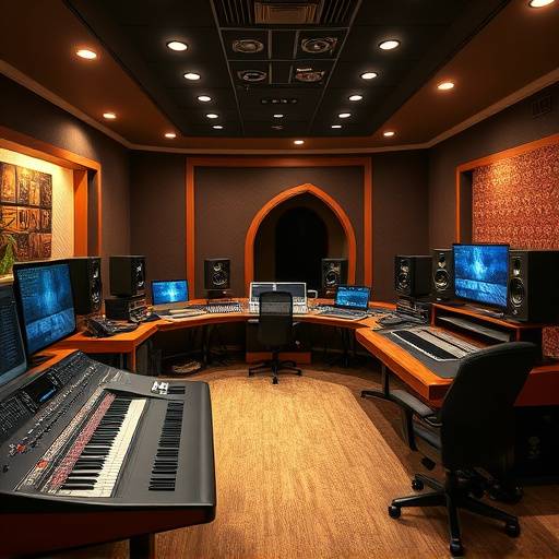 A view of the AuroraSound Studios control room, showing mixing consoles and monitors.
